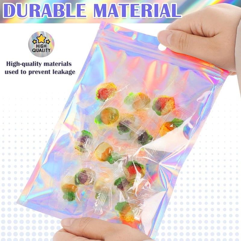 Jetmore 100 Pcs Resealable Mylar Bags, Smell Proof Goodie Bags with Clear Window, Small Holographic Bags for Halloween, Gift, Candy, Bracelet, Keychain, Treat, Product, Sealable Plastic Bags - Image 4